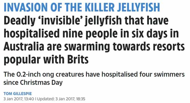 Newspaper headline "Invasion of the killer jellyfish" 