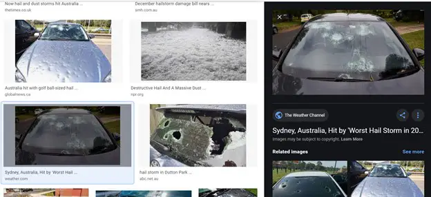 Photos of hail damage to cars