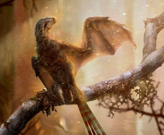 Artistic reconstruction of the bizarre membranous-winged dinosaur, Ambopteryx longibrachi 