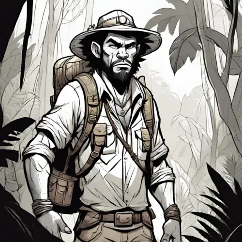 An illustration of a man in a hat journeying through the jungle.